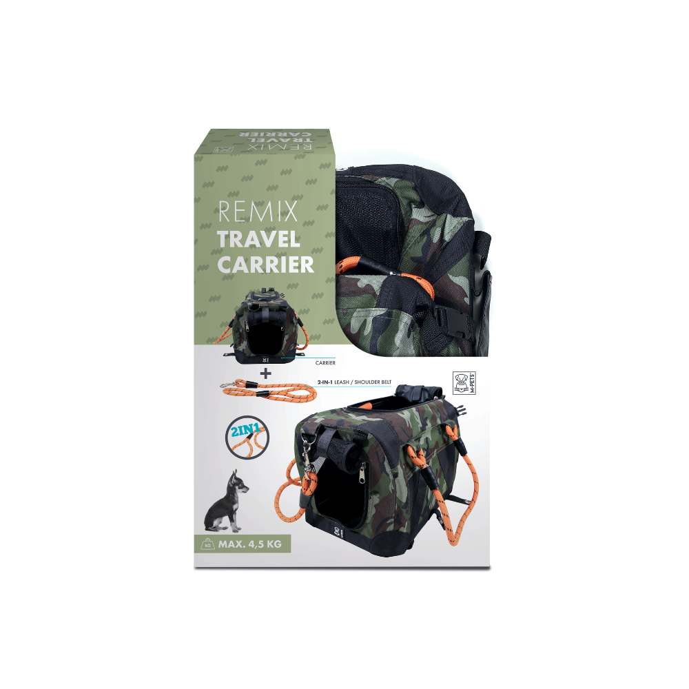 REMIX Trasportino da Viaggio 2 in 1 con Guinzaglio-Cintura a Spalla - Camouflage e Arancione